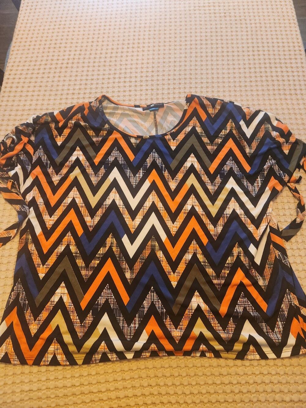 Ashley Stewart Plus 22/24 Black/White/Orange/Blue Round Neck Tie Top Boho